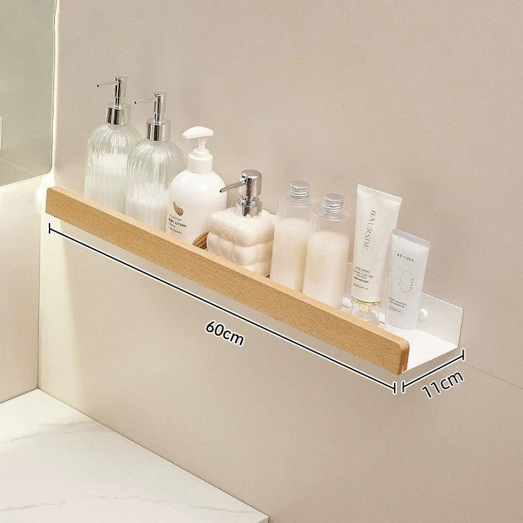 Kavdrino Bathroom Storage Rack, Drill-Free Wall-Mounted Solid Wood Cosmetic Organizer