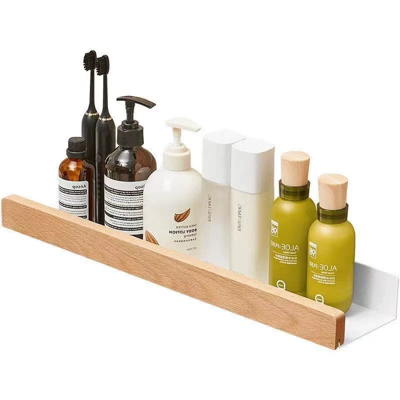 Kavdrino Bathroom Storage Rack, Drill-Free Wall-Mounted Solid Wood Cosmetic Organizer